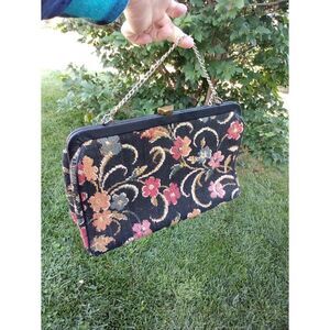 Vintage Kadin Tapestry Black Floral Purse Handbag Multicolor Flip Latch USA MCM